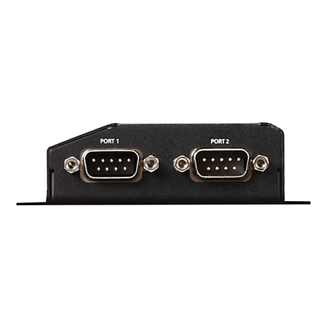 Schwarzes Elektronik-Bauteil mit zwei Steckplätzen, beschriftet mit 'PORT 1' und 'PORT 2'.