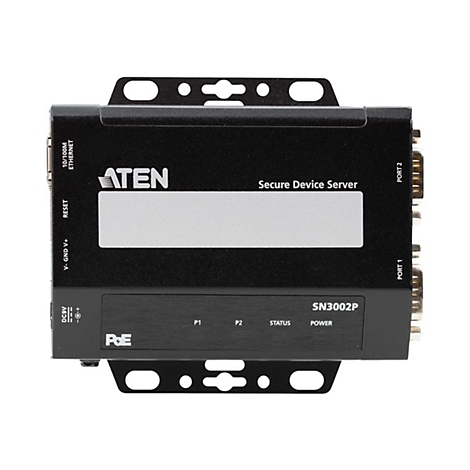 Schwarzer ATEN Secure Device Server mit Anschlüssen, Ethernet-Port und Modellbezeichnung SN3002P.