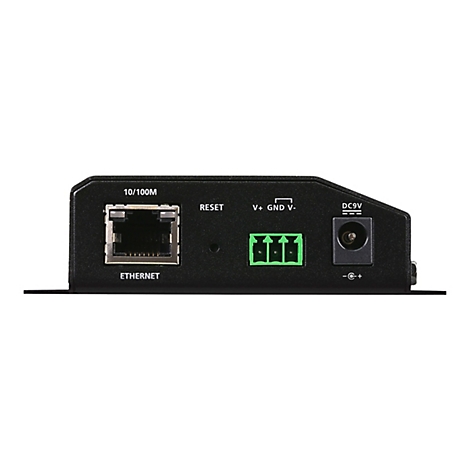 Schwarzer Netzwerk-Konverter, Vorderseite. Mit Ethernet-Anschluss, DC9V und Klemmanschluss.