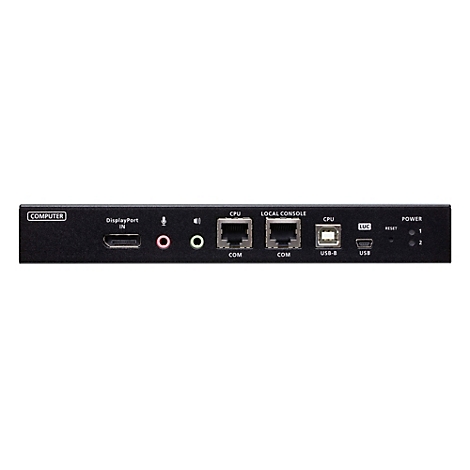 Rückseite eines schwarzen Computer-Switches mit DisplayPort-, Audio-, COM-, USB-B- und USB-Anschlüssen.