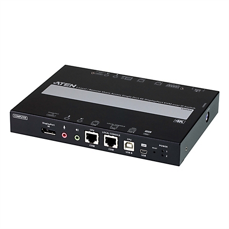 Schwarzer ATEN 4K KVM-over-IP-Switch vor weißem Hintergrund mit zahlreichen Anschlüssen wie DisplayPort und USB.