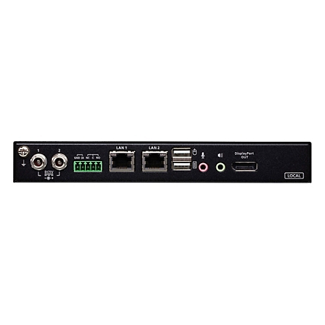 Rückseite eines schwarzen Netzwerkgeräts mit Anschlüssen für Strom, LAN, USB, Audio und DisplayPort.