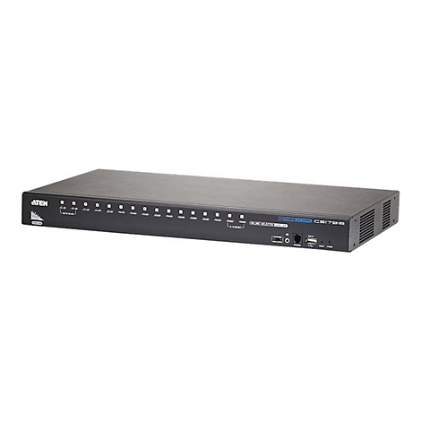 Schwarzer ATEN KVM-Switch mit zahlreichen Ports und Beschriftungen. Auf der rechten Seite sind weitere Anschlüsse wie USB.
