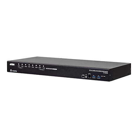 Ein schwarzer HDMI-KVM-Switch mit Tasten, Anschlüssen und Texten. Auf der Vorderseite sind Tasten mit Nummern von 1 bis 8 zu sehen, darunter Text wie "K/M RESET" und "AUTO SCAN". Auf der rechten Seite sind Anschlüsse und ein Schriftzug zu sehen: "8 Por...