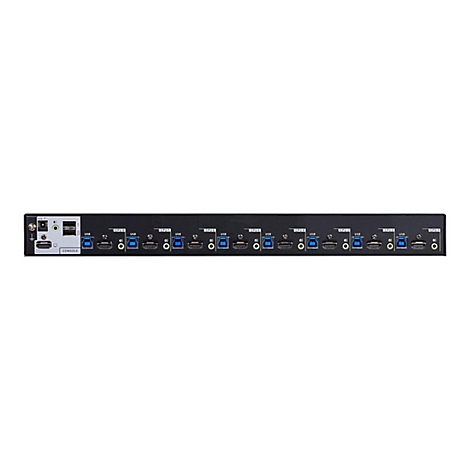 Schwarzer KVM-Switch mit zahlreichen Anschlüssen, darunter USB- und HDMI-Ports, beschriftet mit CPU-Nummern.