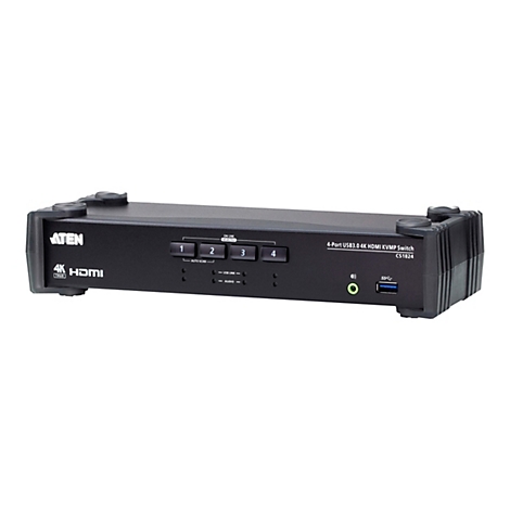 Schwarzer ATEN 4-Port USB3.0 4K HDMI KVMP Switch. Auf der Oberseite befinden sich vier Tasten, Anschlüsse für USB, Audio und HDMI.
