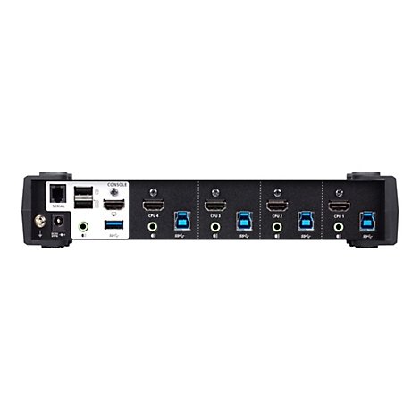 Schwarzer KVM-Switch mit Anschlüssen für mehrere Geräte.