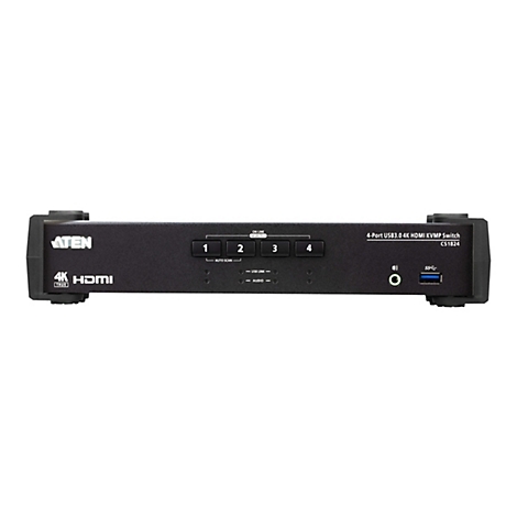 Schwarzer 4-Port USB3.0 4K HDMI KVMP Switch mit Tasten und Anschlüssen. Aufschrift: ATEN, 4K HDMI, 1, 2, 3, 4, USB Link, Audio, SS.