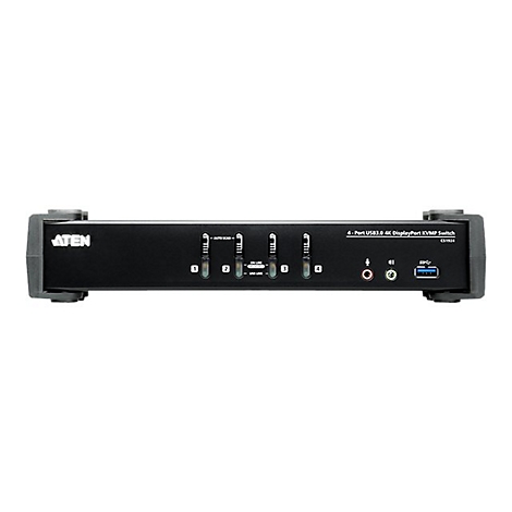 Schwarzer USB-DisplayPort-Switch. Vier EingÃ¤nge mit Schaltern. Aufschrift: 'ATEN' und '4-Port USB3.0 4K DisplayPort KVMP Switch'.