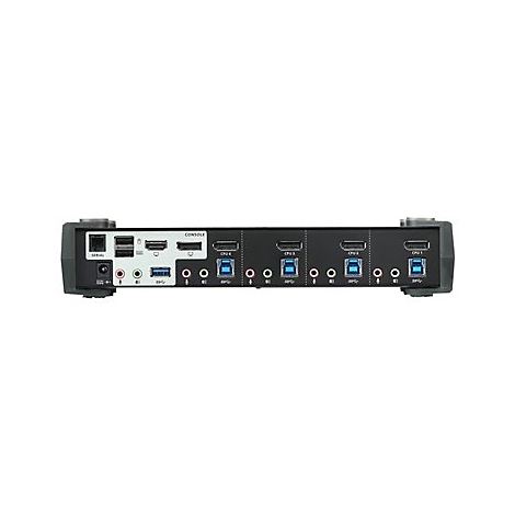 Schwarz-grauer KVM-Switch mit diversen AnschlÃ¼ssen, darunter HDMI, USB und Audio. Beschriftung: Console und CPU 1-4.