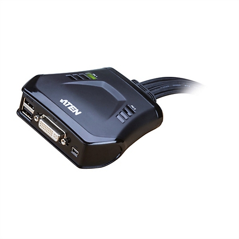 Schwarzer Aten KVM-Switch mit DVI- und USB-Anschlüssen und einem leuchtend grünen Status-LED-Indikator.