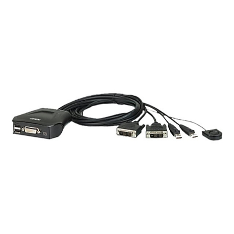 KVM-Switch mit DVI-, USB- und Audioanschlüssen sowie einem externen Fernbedienungsknopf vor weißem Hintergrund.