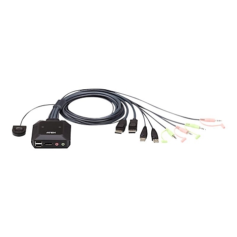 Schwarzer KVM-Switch mit mehreren Kabeln, USB-AnschlÃ¼ssen, AudioeingÃ¤ngen und -ausgÃ¤ngen, verschiedenen Kabeln und einem runden FernbedienungsempfÃ¤nger.