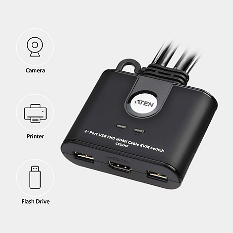Schwarzer Aten 2-Port USB FHD HDMI KVM-Switch mit Anschlüssen für Kamera, Drucker und Flash-Laufwerk.