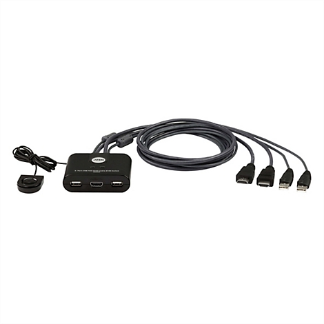Schwarzer 2-Port USB FHD HDMI KVM-Switch von Aten mit Kabeln und externer Steuerung vor weißem Hintergrund.