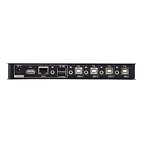 Schwarzer KVM-Switch mit AnschlÃ¼ssen fÃ¼r CPU 1-4 und Konsole. Beschriftungen: CONSOLE, SERIAL, CPU 1 bis CPU 4.