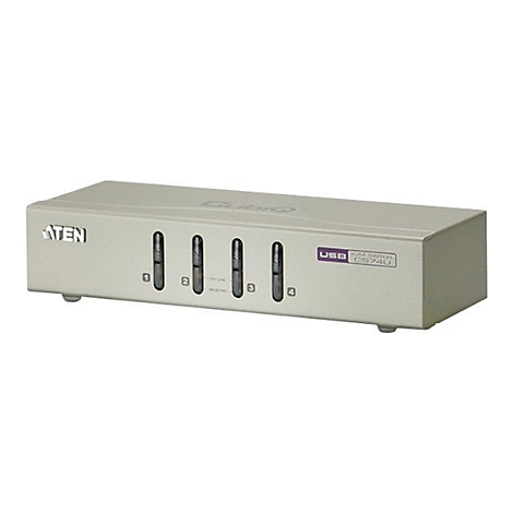 Graue KVM-Switch-Box mit vier Knöpfen. Beschriftet mit ATEN, USB, CS74U und Zahlen 1-4.