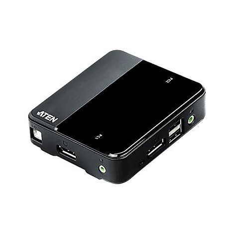 Schwarzer KVM-Switch mit AnschlÃ¼ssen, ATEN Logo. Oben glÃ¤nzend, unten matt, mit PC1 und PC2 Beschriftung.