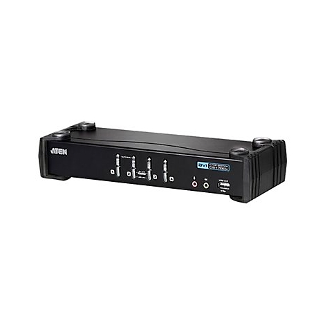 Ein schwarzer DVI-Switch mit verschiedenen AnschlÃ¼ssen. Das GerÃ¤t hat das Logo 'ATEN' und Aufschriften wie 'USB 2.0'.