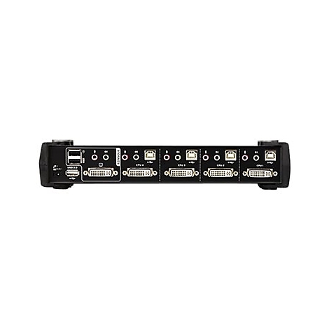 Schwarz-silberner KVM-Switch mit AnschlÃ¼ssen fÃ¼r Monitore, USB und Audio. Aufschrift: Console, CPU 1, 2, 3, 4.