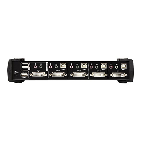 Ein schwarzer KVM-Switch mit verschiedenen AnschlÃ¼ssen: USB, Audio und DVI, beschriftet mit CPU 1 bis CPU 4.