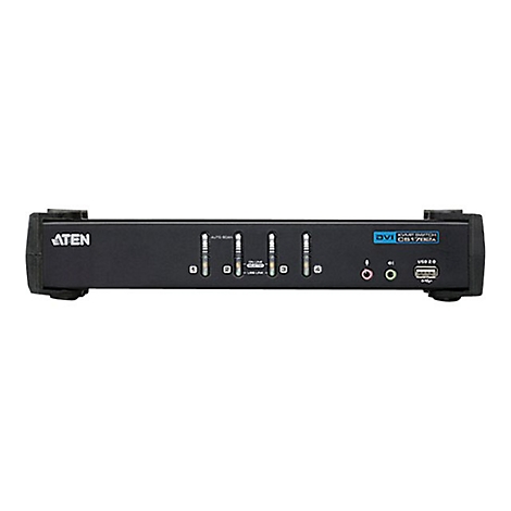 Schwarzer ATEN DVI-Umschalter mit Bedienfeldern, AnschlÃ¼ssen und USB-Port. Aufschrift: DVI.