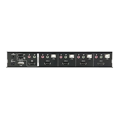 Schwarzer KVM-Switch mit vielen AnschlÃ¼ssen: USB, HDMI, Audio und LAN. Aufschrift Console. Detaillierte Ansicht.