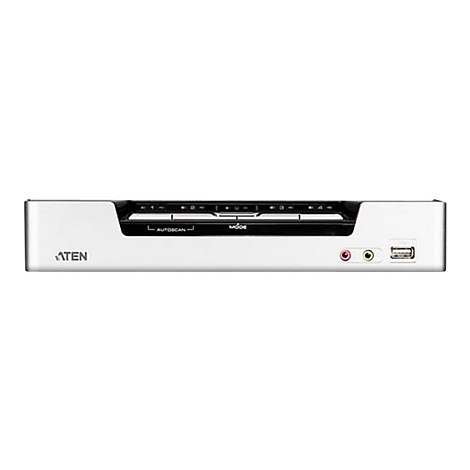 Ein weiÃŸer ATEN-KVM-Switch mit Tasten, AnschlÃ¼ssen und USB-Anschluss.