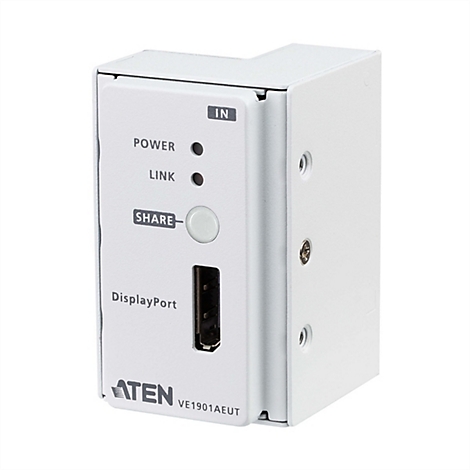 Weißer ATEN VE1901AEUT DisplayPort-Sender mit Share-Taste, Status-LEDs und Beschriftung auf weißem Hintergrund.