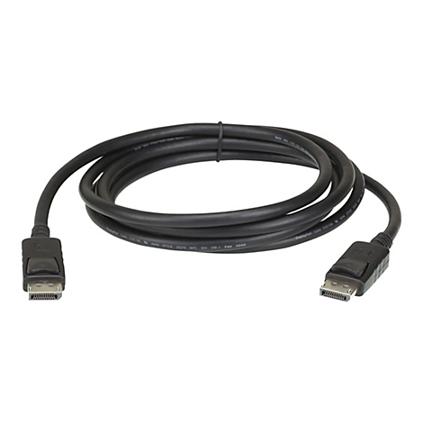 Schwarzes DisplayPort-Kabel, kreisförmig aufgerollt, mit Steckern an beiden Enden vor weißem Hintergrund.