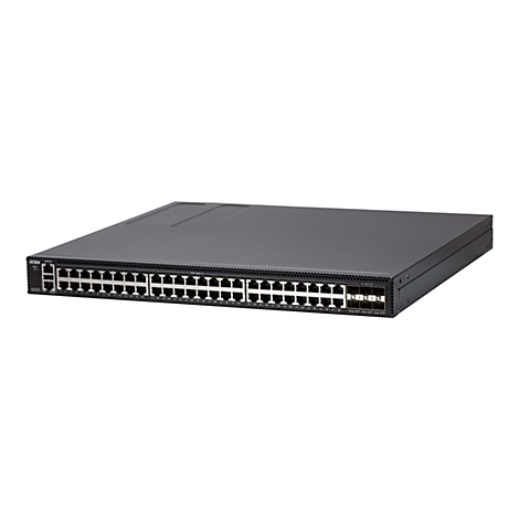 Schwarzer Aten Netzwerk-Switch ES0154 mit 48 Ports und 6 SFP-Steckplätzen vor weißem Hintergrund.