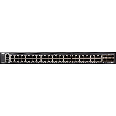Schwarzer Aten Netzwerk-Switch mit 48 RJ45-Ports und 6 SFP-Anschlüssen vor neutralem Hintergrund.