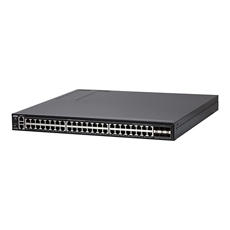 Schwarzer Netzwerk-Switch von Aten mit 48 RJ45-Ports und 6 SFP-Ports an der Vorderseite vor weißem Hintergrund.