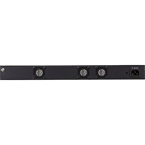 Rückseite eines schwarzen Netzwerk-Switches mit drei Lüftern und einem Stromanschluss.