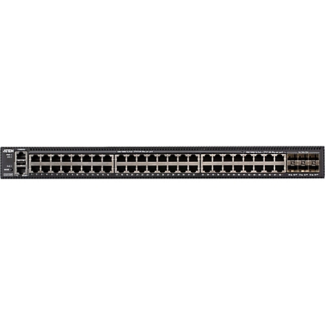 Schwarzer Aten Netzwerk-Switch ES0154P mit zahlreichen RJ45-Ports und sechs SFP-Modulschächten in der Vorderansicht.