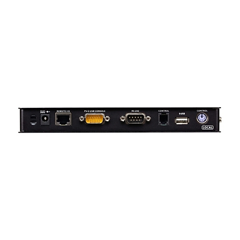 Rückseite eines schwarzen Gehäuses mit Stromanschluss, Ethernet, VGA, RS-232, USB und PS/2 Anschlüssen.