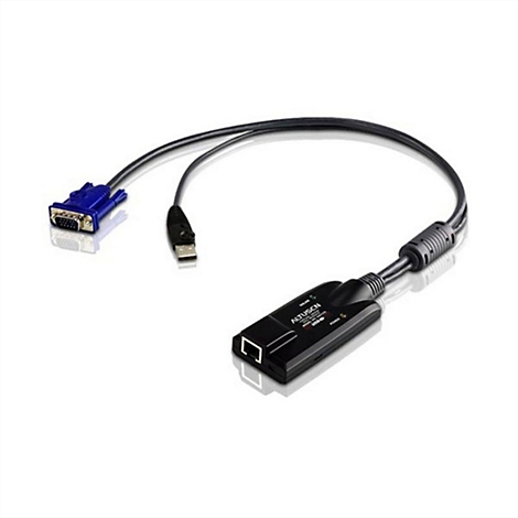 Ein schwarzer Altusen VGA-zu-USB-Adapter mit Netzwerkkabel-Anschluss vor weißem Hintergrund.