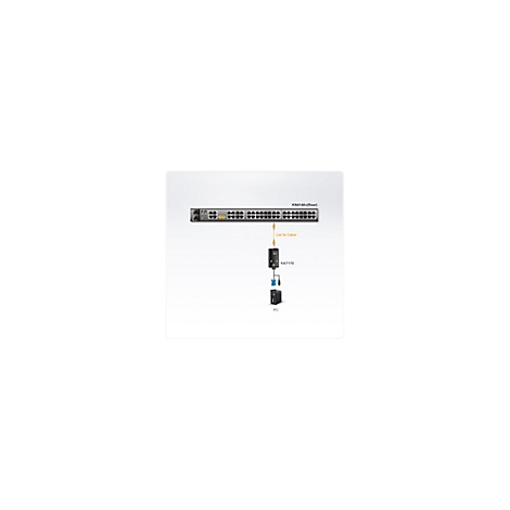 Diagramm zeigt die Verbindung eines KN4140v Switches über ein Cat 5e-Kabel mit einem KA7175 Adapter und einem PC.
