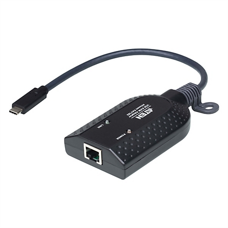 Schwarzer Aten USB-KVM-Adapter mit RJ45-Port, USB-C-Stecker und Status-LEDs vor weißem Hintergrund.