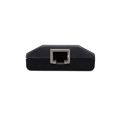 Schwarzes Kunststoffgehäuse mit einem zentralen silbernen RJ45-Netzwerkanschluss vor weißem Hintergrund.