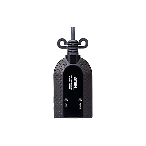 Schwarzer Aten USB-KVM-Adapter KA7183 mit zwei Status-LEDs und integriertem Kabel vor weißem Hintergrund.