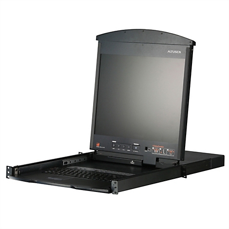 Schwarze Rack-Konsole mit ausgeklapptem Bildschirm und integrierter Tastatur vor weißem Hintergrund.