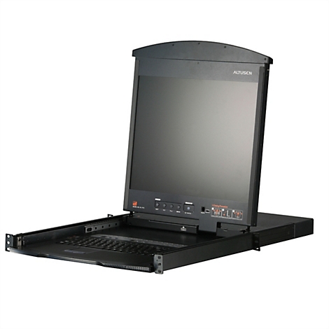 Ausgeklappte Altusen Rack-Konsole mit Bildschirm und Tastatur vor neutralem Hintergrund.