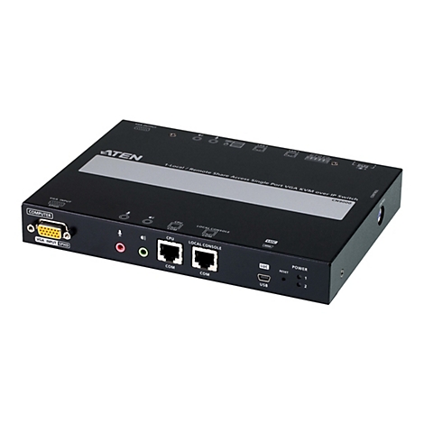 Schwarzer ATEN CN9000 KVM-over-IP-Switch mit verschiedenen Anschlüssen auf der Vorderseite.