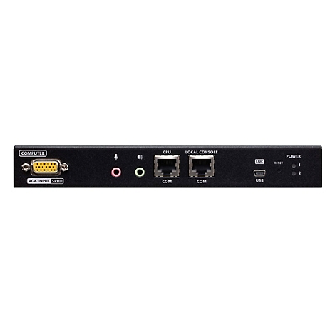 Rückseite eines schwarzen Netzwerkgeräts mit VGA-, Audio-, COM-, USB-Anschlüssen und LED-Statusanzeigen.