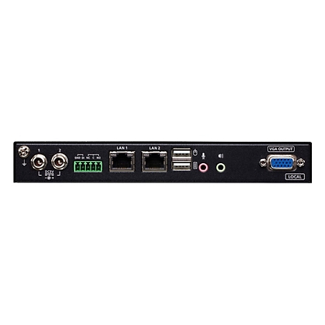 Rückseite eines schwarzen Netzwerkgeräts mit Anschlüssen für Strom, LAN, USB, Audio und VGA-Ausgang.