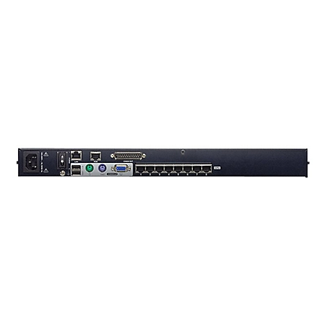 Rückseite eines schwarzen Netzwerkgeräts mit Anschlüssen für Strom, LAN, USB, VGA und Netzwerk. Einige Ports sind beschriftet.