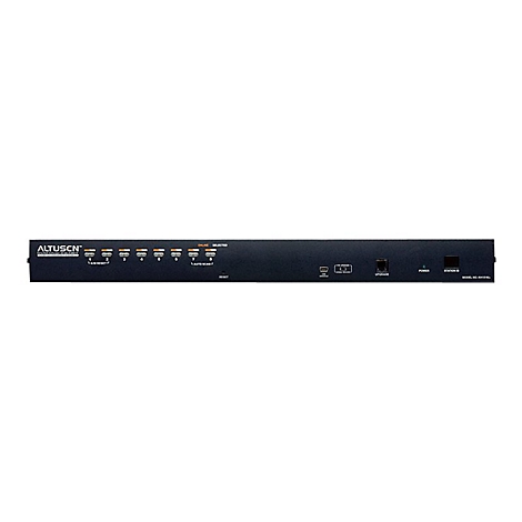 Schwarzes elektronisches Bedienfeld mit Knöpfen und Anschlüssen. Beschriftet mit 'ALTUSCN' und verschiedenen Funktionen.