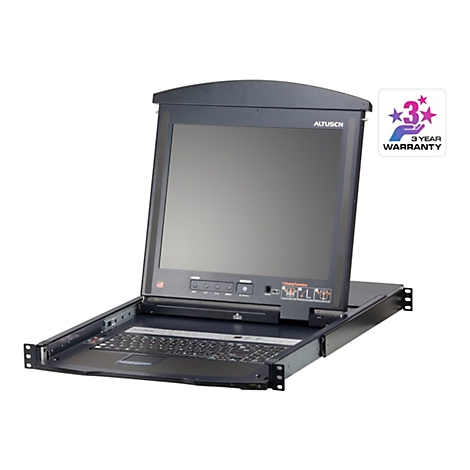 Altusen Rack-Konsole mit ausgeklapptem Bildschirm und Tastatur, inklusive Garantie-Symbol.