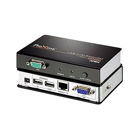 Ein schwarz-silberner USB KVM Extender mit AnschlÃ¼ssen und Beschriftungen wie ProXime und USB KVM Extender.